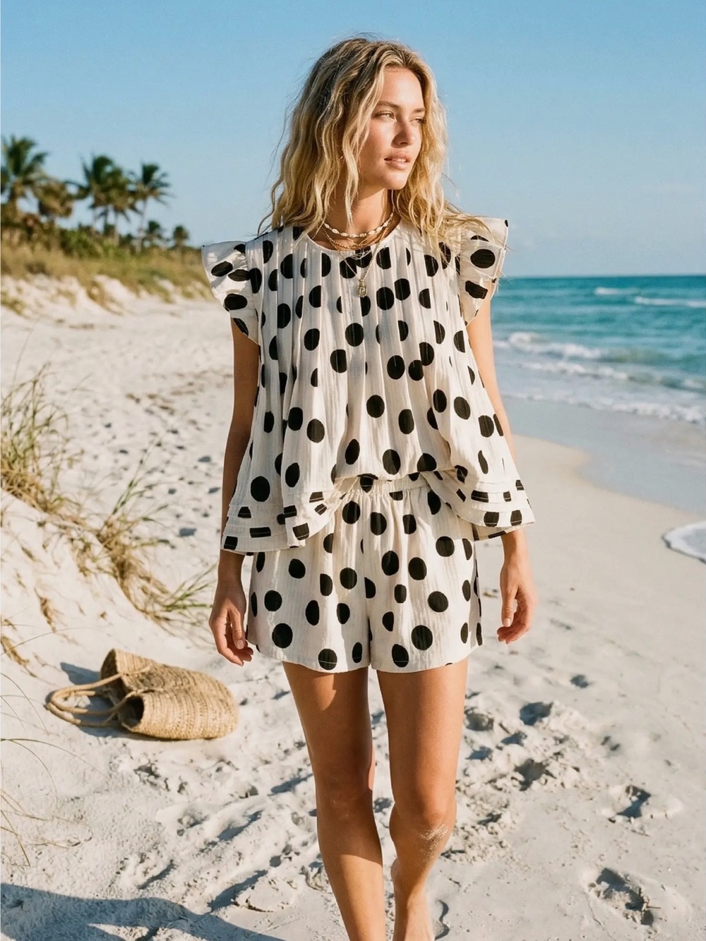 Polka Dot Ruffle Short Set - Ivory/Black - Picture 4 of 7